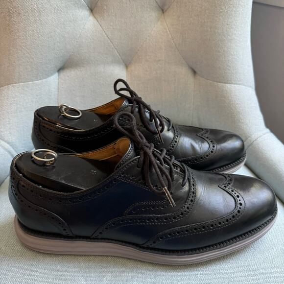 COLE HAAN Men Grand.OS Wingtip Leather Oxford Black Shoes Sz 10M Classic - Picture 6 of 11